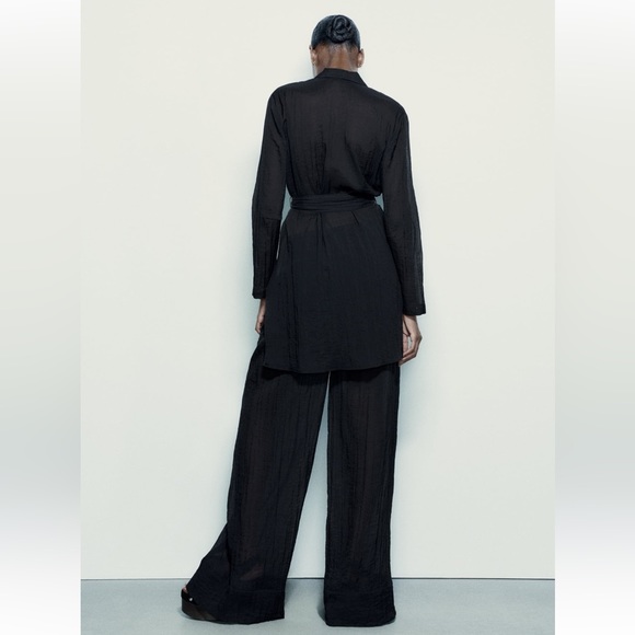 Zara Black Semi-sheer Minimalist Belted Blouse Relaxed long sleeves belt NWT - Picture 7 of 16